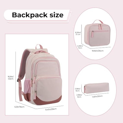 Glodwheat 3Pcs Backpack Set For Girls With Insulated Lunch Bag & Pencil Case, Lightweight Water-Resistant School Bookbag With 11 Compartments / 20L - color: Blush