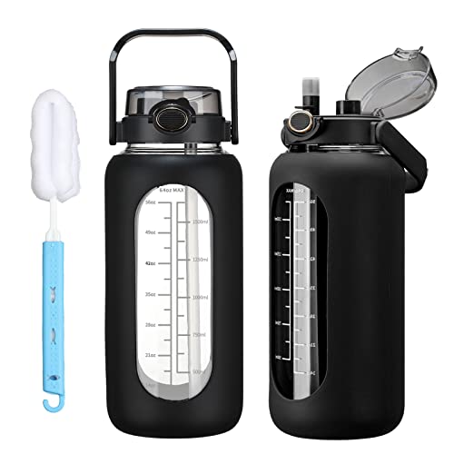 chunmo 42oz/52oz/64oz Glass Water Bolttles with Straw Half Gallon Large Motivational Water Bottle with Time Marker Sports Water Bottles with Silicone Sleeve and Handle Lid Water Jug for Gym Workout - color: Black, size: 52 Ounces