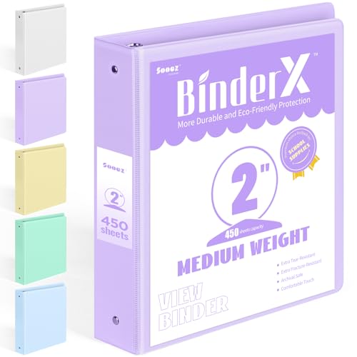 BinderX Extra Durable 3 Ring Binder, Round Ring 2 Inch Binders, Fits 450 Sheets of 8.5x11 Paper, Customizable View Cover with Inside Pockets, Cute 2" Binder, School Supplies for Girl, Lavender Purple - color: Lavender Purple, size: 2 inch