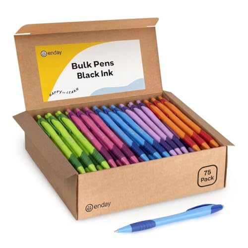 Enday Pens Bulk (75 Pack), Retractable Ball Point Pens Black Ink, Medium Point (1.0mm), Comfortable Grip, Smooth Writing Pens for School & Office