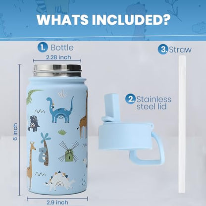 Lexlion Water Bottle 14 Oz, Triple Walled Insulated Stainless Steel Odor & Strain Resistant Reusable Bottle, 1 straw Lid, Leakproof, Metal Mug Gallon, BPA Free, Blue Zoo - color: Blue, size: 14 Ounces