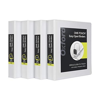 Oxford 3 Ring Binders, Binders for School and Office, 1.5 Inch ONE-Touch Easy Open D Rings, 3-Sided View Binder Covers, Xtralife Hinge, Non-Stick, PVC-Free, White, 375-Sheet Capacity, 4 Pack (79906) - size: 1.5 Inch