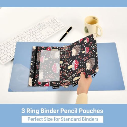 Fustylead Cute Hedgehogs and Mushrooms Pencil Pouch Fits Standard 3-Ring Binders, Zipper Binder Pencil Bag with Clear Window for Office School Cosmetic 2 Pack - color: Black02