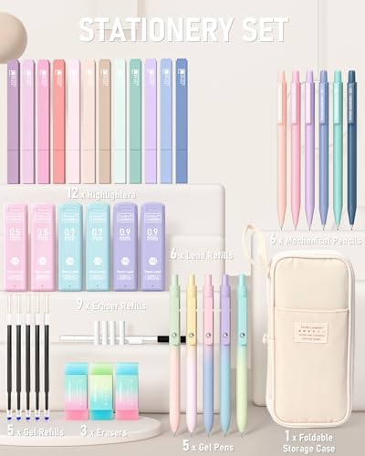 Four Candies School Supplies with Cute Pen Case, 39ct, Cream | Back to School Stationery Set, Essentials for College & Nursing Students, 5 Gel Pens, 6 Mechanical Pencils, 12 Highlighters - color: Cream, size: 39 Count (Pack of 1)