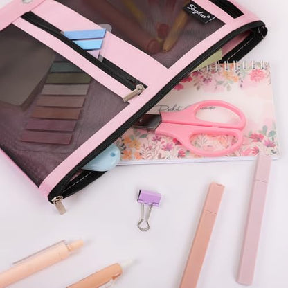 SKYDUE Pencil Pouch for Binder, Pencil Case, 3 Ring Binder Pencil Pouch with 3 Pockets and Mesh Window, Zipper Pencil Pouch, Durable Organizer for School Supplies, Cables, Earbuds, Makeup, Pink - color: Pink