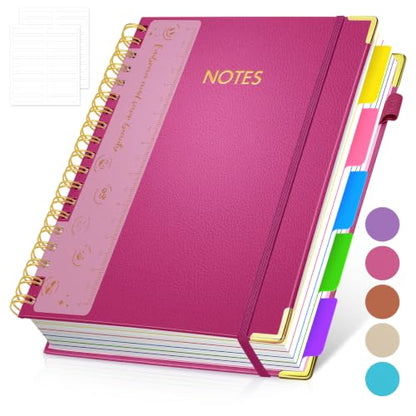 Hardcover Spiral Notebook Journal with Removable PVC Dividers - 8'' x 10'' Large 300 Page B5 Hardcover Leather College Lined Journals Notebook for Work Note Taking Office Home School Supplies, Rose red - color: rose red
