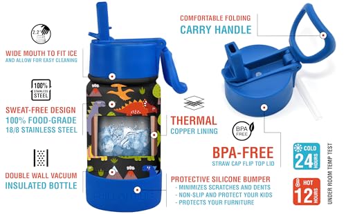 CHILLOUT LIFE 12oz Kids Insulated Stainless Steel Water Bottle with Leak Proof Straw Lid & 144 Stickers - color: Dinosaur, style: 12 oz