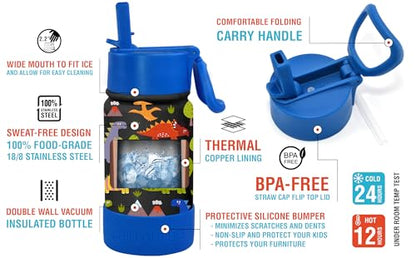 CHILLOUT LIFE 12oz Kids Insulated Stainless Steel Water Bottle with Leak Proof Straw Lid & 144 Stickers - color: Dinosaur, style: 12 oz