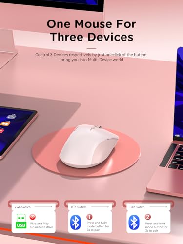 RAPIQUE Bluetooth Wireless Mouse - Dual Bluetooth & 2.4 GHz USB Receiver, Ergonomic Design, Quiet Clicks, Low Power - Multi-Device Compatibility for MacBook, Laptop, Computer, iPad Air/Pro (Pink) - color: Pink