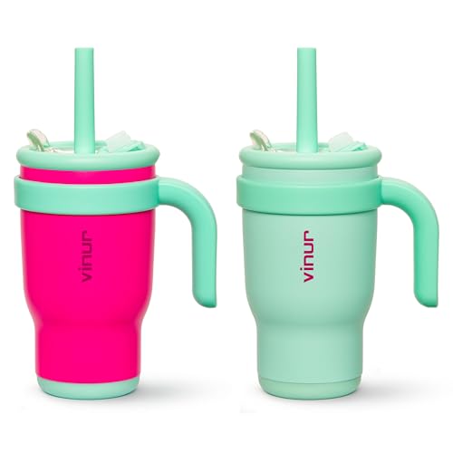 VINUR 14 oz Kids Tumbler with Handle and Straw Lid-2 Pack Stainless Steel Insulated Tumbler Travel Cup with Rubber Base|Drop and Leak Resistant |Cup Holder Friendly (Rose Pink-Teal) - color: Rose Pink-Rose Pink-T, size: 14 Ounces