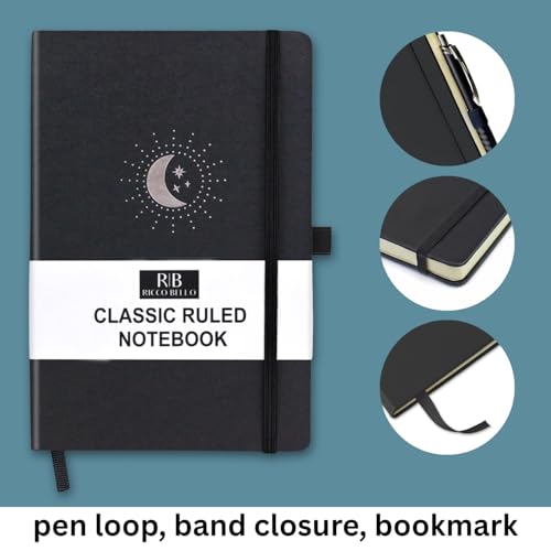 RICCO BELLO Lined Journal Notebook, Black Moon & Stars | Faux Leather Hardcover, With Pen Holder, 96 Sheets / 192 Pages, College Ruled, 5.7 x 8.4 Inches - color: Black Moon & Stars