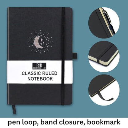 RICCO BELLO Lined Journal Notebook, Black Moon & Stars | Faux Leather Hardcover, With Pen Holder, 96 Sheets / 192 Pages, College Ruled, 5.7 x 8.4 Inches - color: Black Moon & Stars