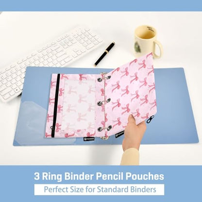 Pencil Pouch for 3 Ring Binder Cute Pink Ribbon Bow Binder Pencil Case with Smooth Zipper Clear Window Pencil Case 2 Pack for Office School College Supplies - color: Pink Ribbon Bow