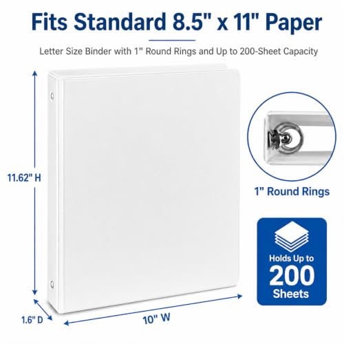 Durable 1 inch 3-Ring Binder, 1" Round Ring Binders with 2 Inside Pockets, Basic 1 in Binders, PVC- Free, Clear View Cover 1-inch-Binder Holds 8.5'' x 11''Paper for Office/School/Home（12 Pack, White - color: White, size: 1 inch, style: 12pack