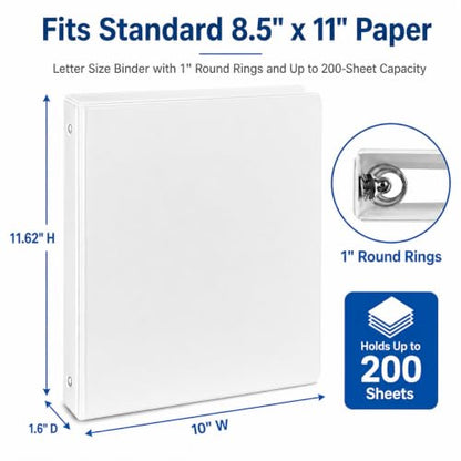 Durable 1 inch 3-Ring Binder, 1" Round Ring Binders with 2 Inside Pockets, Basic 1 in Binders, PVC- Free, Clear View Cover 1-inch-Binder Holds 8.5'' x 11''Paper for Office/School/Home（12 Pack, White - color: White, size: 1 inch, style: 12pack