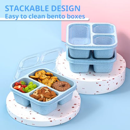 Snack Boxes (3 Pack) - Stackable Bento Boxes with 3 Compartments, Meal Prep Containers Reusable, Lightweight Lunch Containers for Kids and Adults, BPA Free (Blue) - color: Blue