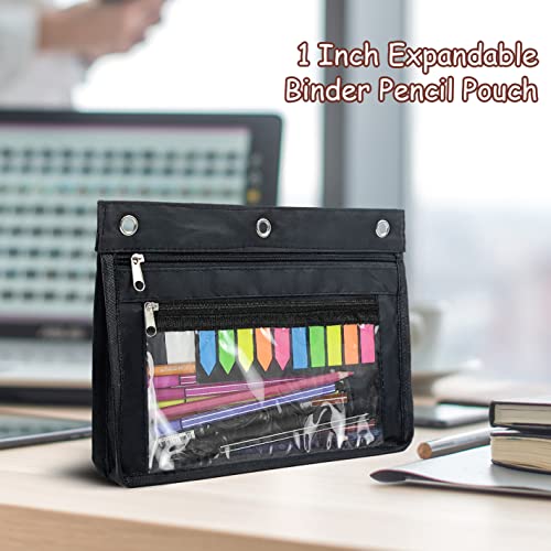 YoeeJob 1 Pack Pencil Pouch for 3 Ring Binder, Expandable Binder Pouches with Zipper, Large Capacity Pen Holder Case with Clear Window School Class Office Organizers, Black - color: Black