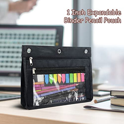 YoeeJob 1 Pack Pencil Pouch for 3 Ring Binder, Expandable Binder Pouches with Zipper, Large Capacity Pen Holder Case with Clear Window School Class Office Organizers, Black - color: Black
