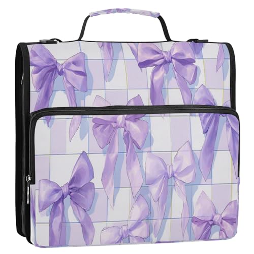 Caikeny 3 Ring Zipper Binder Cute Pastel Purple Bows Checkered Plaid 1.5 inch Binders Bag Expanding File Pockets with Shoulder Strap and Handle - color: Multicolored 1z83.15