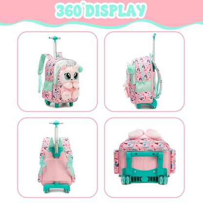 Cute Rolling Backpack for Girls,Lightweight Kids Backpack with Wheels,Wheeled School Bookbag with Pencil Case Lunch Box for Students - color: Pink Fox