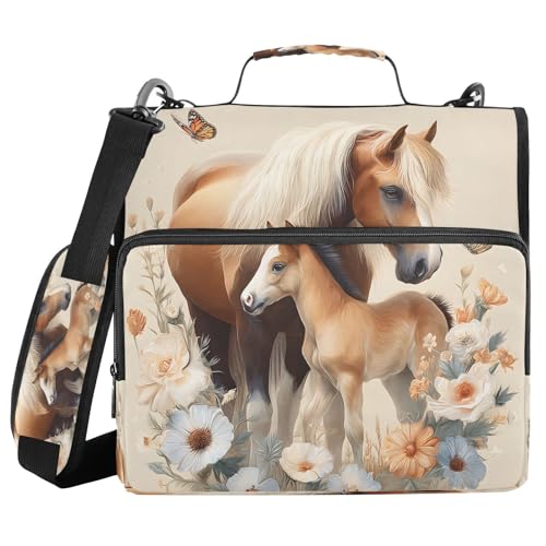 3 Ring Zipper Binder Retro Horse Floral Binders Bag with Shoulder Strap 500 Sheets Paper Organizer Trapper Keeper Documents Storage File Folder for School Office - color: A2844