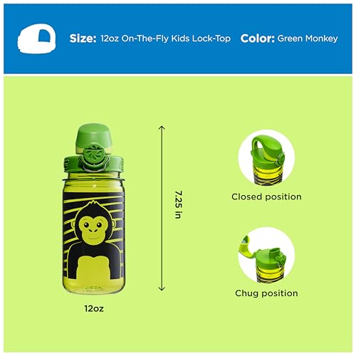 Nalgene Kids' 12 oz On The Fly Lock-Top Water Bottle, Green Monkey - color: Green Monkey, size: 12 Ounces