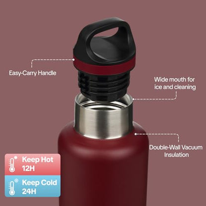 BJPKPK Insulated Water Bottle 32OZ Stainless Steel Water Bottle with Handle Double Walls Vacuum Insulated BPA Free Flask, Deep Red - color: Deep Red, size: 32 Ounces