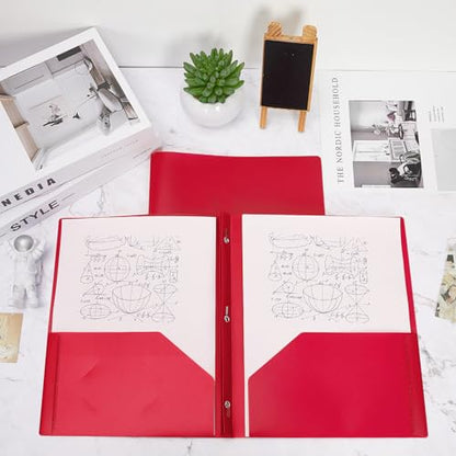 Lincia 100 Pcs Plastic Folders with Pockets and Prong Folders with Prongs 2 Pockets for Office, School for Students, Teachers, Office Workers(Red) - color: Red
