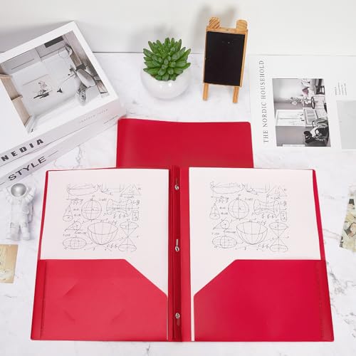 Lincia 100 Pcs Plastic Folders with Pockets and Prong Folders with Prongs 2 Pockets for Office, School for Students, Teachers, Office Workers(Red) - color: Red