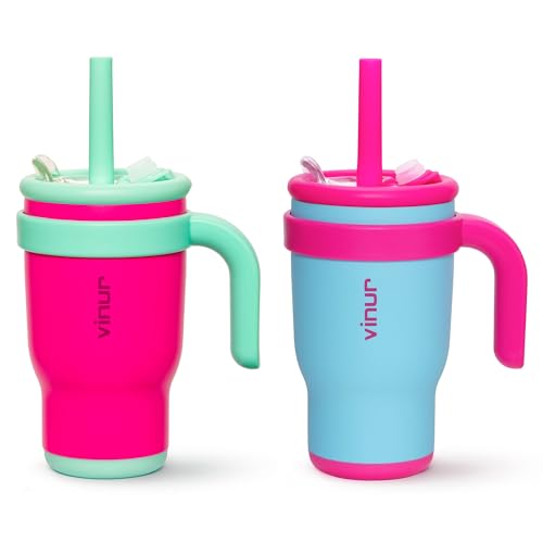 VINUR 14 oz Kids Tumbler with Handle and Straw Lid-2 Pack Stainless Steel Insulated Tumbler Travel Cup with Rubber Base|Drop and Leak Resistant |Cup Holder Friendly (Rose Pink-Sky Blue) - color: Rose Pink-Sky Blue, size: 14 Ounces