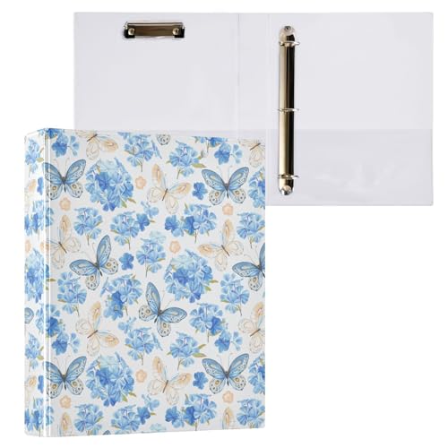 Retro Blue Butterfly and Hydrangea Flower 3 Ring Binder 1.5" Decorative D-Ring Binder with Clipboard&3 Clear Pockets, Holds 200 Sheets A4 Size Paper Waterproof Binders for School Home Office - color: Blue Butterfly and Hydrangea, size: ‎12.4x10.63x2.36 In