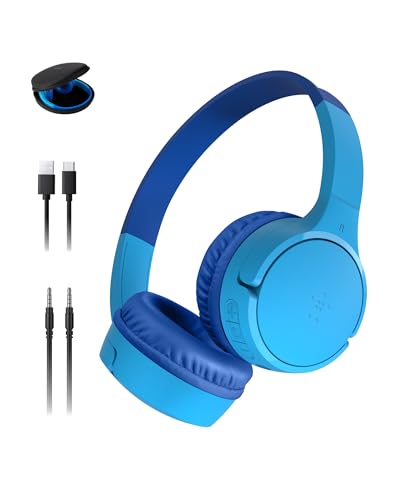 Belkin SoundForm Mini - Wireless Bluetooth Kids Headphones, 30H Battery, 85dB Safe Volume Limit, Built-in Microphone - Toddler On-Ear Earphones for iPhone, iPad - Ideal for School - Blue w/Case - color: Blue, style: Wireless (USB-C) + Case
