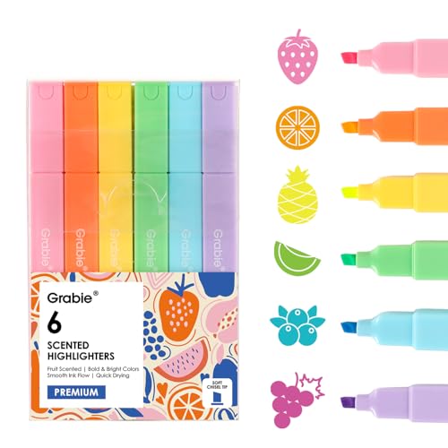 Grabie Scented Highlighters, 6 Fluor Neon Colors Fruit Fragrance Markers with Flexible Soft Chisel Tip, No Bleed & Quick Dry, Aesthetic Cute School Supplies for Bible Journaling, Note Taking & Office