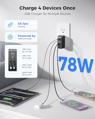 SUPERONE Retractable Wall Charger with USB C & Apple Fast Charging Cables | 78W GaN 4 Ports Charger, 90cm USB C & Apple Retractable Cables, for iPhone 17-12, iPad, Samsung,Google pixel 7-10 & More