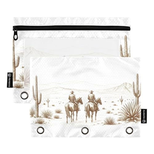 Gredecor Binder Pencil Pouch 3 Ring Wild Western Desert Cowboys Zipper Pencil Pouches Case 2 Pack Clear Binder Organizer for School Office - color: Wild Western