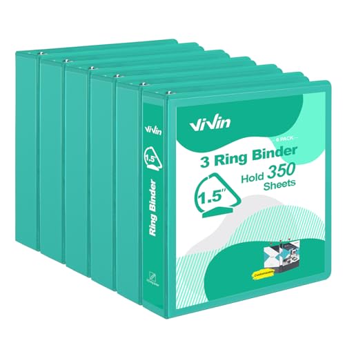 ViVin 튼튼한 3.8cm(1.5인치) 3링 바인더, 포켓 포함, 슬랜트 D 링, PVC 프리, 맞춤형 클리어 뷰 바인더, 21.6 x 27.9cm(8.5 x 11인치) 용지 350장 보관, 6팩 (레이크 그린) - color: 그린 레이크, size: 1.5인치