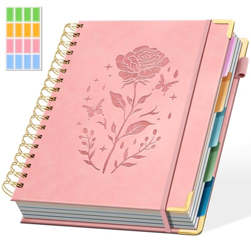 Hardcover Spiral Notebook with 5 Removable Dividers Tabs 300 Pages Leather 5 Subject Notebook College Ruled 8"x10" Large B5 Notebooks for Work School Note taking Lined Journal for Women, Pink - color: Pink-Rose, size: 8"x10"