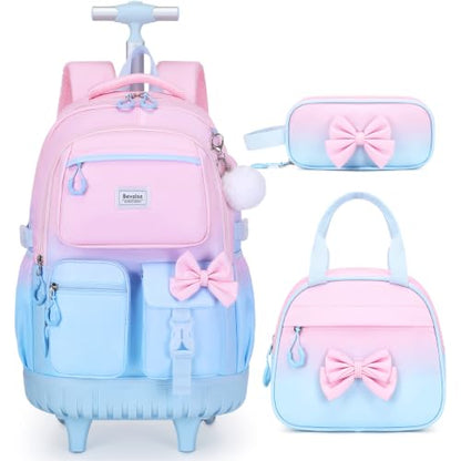 Bevalsa Rolling Backpack for Girls, Roller Backpack with Wheels, Cute Bow Wheeled School Bookbag Set with Lunch Bag & Pen Case, Suitcases for Kids Teens Elementary Middle Student (Pink Blue) - color: Pink Blue
