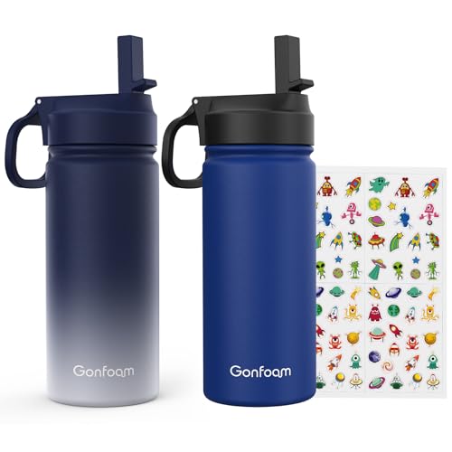 Gonfoam 16oz Kids Water Bottle, 2 Pack Stainless Steel Insulated Cup | DIY Stickers, BPA-free, Leak-proof, Sturdy, Keeps Cold 24h, Easy to Carry, Easy to Clean, Back to School, Gifts - color: Sapphire+Gray