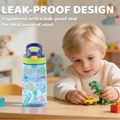 Sea Animals Gifts 14oz Kid Water Bottle with Straw - Leakproof BPA-Free Plastic Pop-Up Spout, Reusable Leak Proof Travel Bottle for Outdoor Sports - color: Ocean1