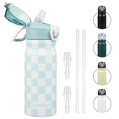 Konokyo 18 oz Insulated Stainless Steel Sports Water Bottle with Straw Lid | BPA-free, leak-proof reusable sports bottle with carry loop for gym, office, hiking, camping, travel & hydration - color: Blue White Plaid, size: 18 Ounces