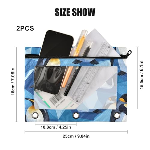 Kcldeci Pencil Pouch for 3 Ring Binder, Penguin Blue Crystal Ice 2 Pack Binder Pencil Pouch with Clear Window Pencil Bags with Zipper Pencil Case for Binder - color: C04
