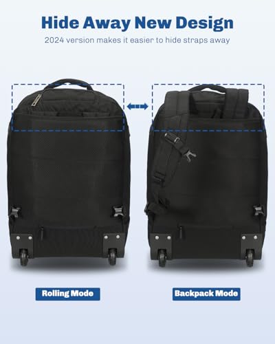 Hynes Eagle Rolling Backpack 42L Backpack with Wheels Airline Approved Carry on Luggage Laptop Travel Suitcase Bag for Women Men Jet Black - color: Jet Black