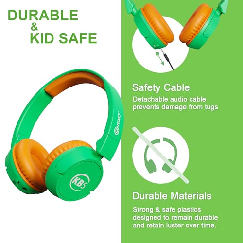 Contixo KB-5 Kids Headphones - Over The Ear Foldable Bluetooth Wireless Headphone for Kids - 85dB with Volume Limited - Toddler Headphones for Boys and Girls (Green+Orange) - color: Green