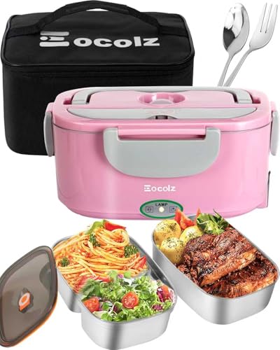 Eocolz Electric Lunch Box Food Heater 80-100W, Food Warmer with Dual Container 1.5L Portable Heated Lunch Box for Car Truck Work Stainless Steel Fork & Spoon 12/24/110V for Adults Lonchera Eléctrica - color: Pink
