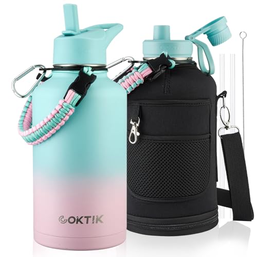 COKTIK 64oz Insulated Water Bottle - Stainless Steel Vacuum Metal, Portable ½ Gallon Large-Capacity Sports Bottle with Straw, Carry Bag and Handle Strap, Ideal for Gym & Hiking(Bubble Gum) - color: Bubble Gum, size: 64 Ounces