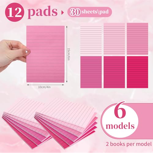 JarThenaAMCS 12Pcs Pink Lined Sticky Notes 6 Colors Gradient Pink Self-Adhesive Notepads Removable Memo Pad for Office School Home Supplies, 4 x 6 Inch - color: Pink
