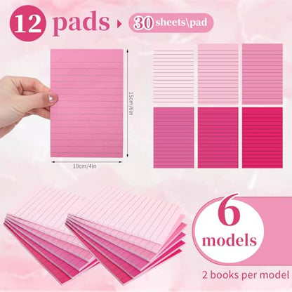JarThenaAMCS 12Pcs Pink Lined Sticky Notes 6 Colors Gradient Pink Self-Adhesive Notepads Removable Memo Pad for Office School Home Supplies, 4 x 6 Inch - color: Pink