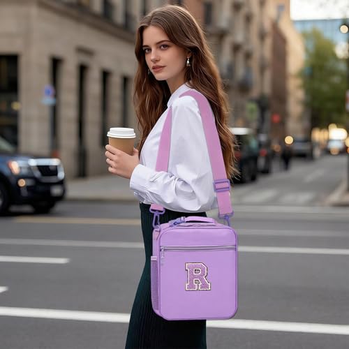 Insulated Lunch Box Kids Youth Adult Lunch Bag Container Bag for Women Girl School Work Travel Food Picnic Cooler,Cute Lunch Tote Bag with Shoulder Strap Handheld Water Bottle Holder Purple R - color: 08-Purple R