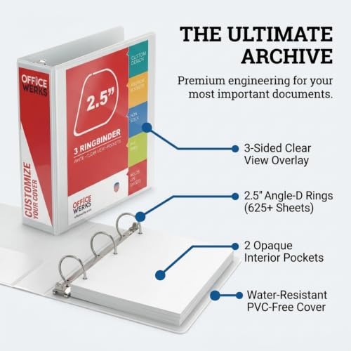 2.5 Inch 3 Ring Binder 2 Pack, Angle D-Ring, Holds 475 Sheets, Professional Presentation for 8.5 x 11 with Pockets, Clear View Customizable Cover, PVC-Free Non-Stick, White - Ring Binder Depot